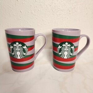 Set of 2 Starbucks 2020 Striped Siren Holiday Mugs Purple 11oz Red Green Stripes
